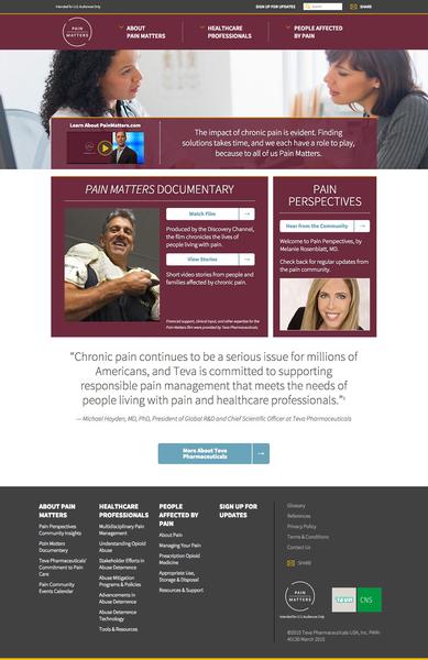 A screenshot of the homepage of a website called "Pain Matters Documentary". The website has a maroon and white color scheme with a modern and professional design. At the top of the page there is a navigation bar with links to different sections of the website. The main content area of the webpage is divided into three sections. The first section is titled "Chronic pain continues to be a serious issue for millions of Americans and it is committed to supporting responsible pain management that meets the needs of people living with pain and healthcare professionals." The second section has a photo of a man and a woman talking to each other and the third section has an image of a woman with shoulder pain. At the bottom of the image there are several buttons for users to navigate through the website such as "About Pain Matters" "Sign Up for Updates" and "Contact Us". There is also a link to a website for more information about the website and a button to sign up for updates.