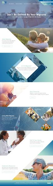 A website design for a company called "Don't Be Defined By Your Migraine". The website has a blue and white color scheme with a modern and professional design. At the top of the page there is a banner with the company's logo and contact information. Below the banner there are several images and text that provide information about the company and its services. The first image on the top left corner is a photo of a woman with blonde hair wearing a white shirt and smiling at the camera. The second image is an image of a man with grey hair holding a baby in his arms. The third image is of a group of people including a doctor and a nurse with the text "Living with Migraine" above them. The fourth image is from the top right corner showing a woman in a blue dress and a man in a white lab coat. The fifth image is in the bottom left corner with a woman wearing a stethoscope and smiling. The sixth image is on the bottom right corner. The seventh image is at the bottom center with an older woman with gray hair and sunglasses smiling and looking up at the sky. The eighth image is to the right of the first image with text that reads "Talk to your doctor". Overall the website design is clean and modern with clean lines and a clean layout.