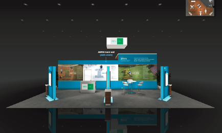 A 3D rendering of a trade show booth with a blue and white color scheme. The booth has a large screen on the wall with an image of a person walking on a path and a map of a park. There are two blue pillars on either side of the screen and a podium in front of it. On the right side there are two white chairs and a table. At the top of the booth there is a green sign with the words "AMAZON" written on it. The background is black and there are several buttons on the top right corner of the image likely for controlling the booth's settings.