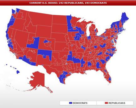 This is a color-coded map of United States Congressional districts during the 112th United States Congress (held from January 3 2011 to January 3 2013) as a result of the 2010 United States elections (of November 2 2010). Districts that elected a Republican representative to the United States House of Representatives (242) are in red and districts that elected a Democratic representative to the United States House of Representatives (193) are in blue. These are the Representatives that served during the second half of the first term of President of the United States Barack Obama.