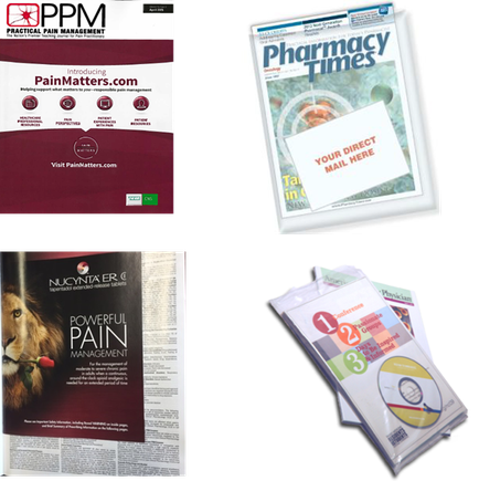 A collage of four different images. The first image on the top left is a cover page of a book titled "PPM Practical Pain Management". The cover page has a maroon background with white text that reads "Introducing PainMatters.com". Below the title there is a logo for the company. In the top right corner there are two images - one of a pharmacy times magazine cover and the other of a CD case. The magazine cover has a white background with a blue and green design and the title "Pharmacy Times" in bold letters. The CD case has a colorful design with a picture of a lion on the cover and text that says "Your direct mail here". On the bottom left corner of the image there appears to be a magazine cover with the title of the book "Powerful Pain Management" and the author's name. The cover also has a red and white design with the company's logo and contact information.