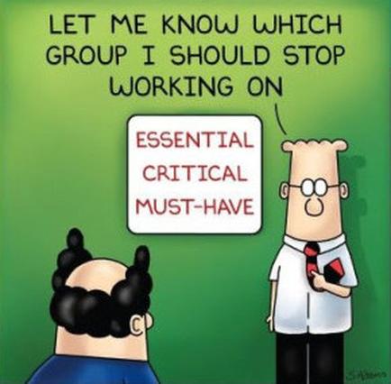 This is a gag cartoon in which Dilbert (an engineer) asks his supervisor (Pointy-Haired Boss) which of 3 competing highest-priority projects he should focus on. The humor is a satire of white-collar business culture invoking themes of crisis mentality burnout managerial incompetence etc. It expresses a cynical worldview like much of the work by its creator (Scott Adams).