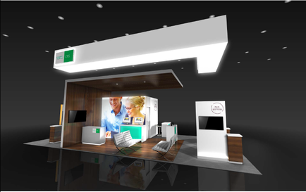 A modern exhibition stand with a white and brown color scheme. The stand has a large white banner at the top with a green logo that reads "CVS". Below the banner there is a wooden panel with a picture of a man and a woman on it. On the left side of the stand there are two computer monitors and a desk with a computer monitor and a keyboard. The desk is made of wood and has a white countertype. The background is black and the overall design is minimalist and modern.