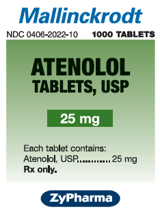 A label for Atenolol tablets USP in the 25 mg dosage (NDC 0406-2022-10). The label is rectangular in shape with a green background a white border and text in blue black and white.