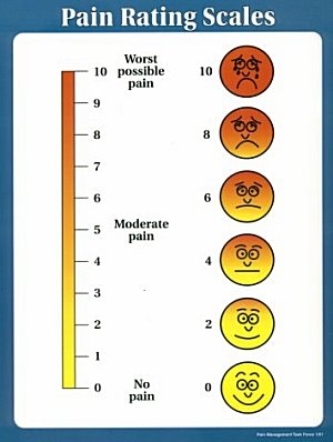 An infographic with the title "Pain Rating Scales". It shows how pain may be subjectively quantified from 0 (no pain represented by a smiley face) to 5 (moderate pain represented by a neutral face) to 10 (worst possible pain represented by a weeping face). The colors of both the scale and the faces gradually change from yellow to red as the reported pain increases. The background is white with a blue border with text in black.