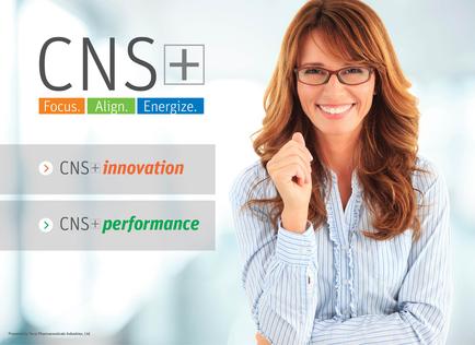 A screenshot of a website homepage for a company called CNS+. The background is white and the text is in black and orange. On the right side of the image there is a photo of a woman with long brown hair and glasses smiling and pointing her finger towards the camera. She is wearing a blue and white striped blouse and has a confident expression on her face. Below the photo there are three options - focus align and energize. The first option is "CNS+ innovation" and the second option is for "performance". The text on the image reads "Focus Align Energize."