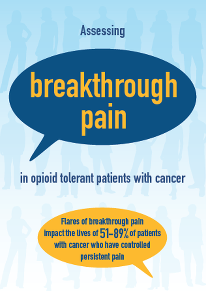 A graphic with a blue speech bubble in the center. Inside the speech bubble there is text that reads "Assessing breakthrough pain in opioid tolerant patients with cancer". The text is in yellow and is surrounded by a white background. On the right side of the image there are silhouettes of people of different ages genders and ethnicity's. The text on the image reads "Flares of breakthrough pain impact the lives of 51-89% of patients with cancers who have controlled persistent pain."