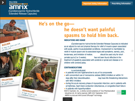 A screenshot of the homepage of Amrix a company that provides extended-release capsules. The page is divided into three sections. The first section on the left side of the page has a photo of a man working on a brick wall. He is wearing a hard hat and a safety vest and appears to be in the process of constructing the wall. The second section has a text that reads "He's on the go-he doesn't want painful spasms to hold him back." The third section has an image of a volunteer working in a garden. The text on the right side reads "Indications and Usage" and "Contradictions". At the bottom right corner there is a brief description of the company's services and contact information. The company's logo is also visible on the top left corner.