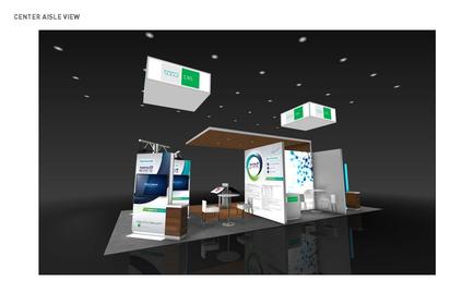 A 3D rendering of a trade show booth. The booth is divided into three sections each with a unique design. The first section has a large screen on the left side displaying information about the booth's services. The second section has two smaller screens on the right side one with a blue and white design and the other with a green and white abstract design. The booth is set up in a dark room with a high ceiling and recessed lighting. There are two large white boxes hanging from the ceiling which appear to be part of the booth. On the floor there is a small table and chairs and a few other items scattered around the booth for visitors to sit and interact with. The overall design is modern and professional with a focus on technology and innovation.