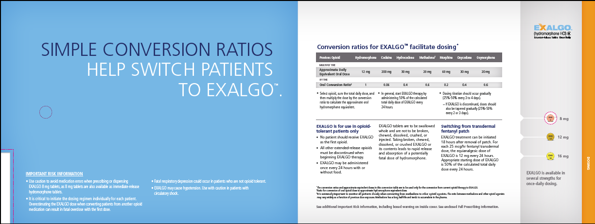 An advertisement with a blue background and white text. On the left side of the page there is a title that reads "Simple Conversion Ratios Help Switch Patients to Exalgo". Below the title there is important risk information. <br /><br />On the right side the page has a table titled "Conversion ratios for Exalgo facilitate dosing". Below the table there are additional bullet points about Exalgo. The right side of the page shows images of Exalgo pills at different dosages. The Exalgo logo is in the upper right corner.