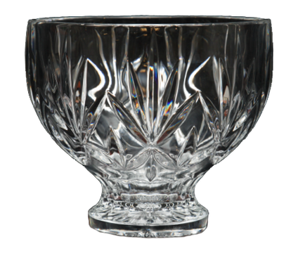 Of a glass bowl with a round base. The bowl is made of clear glass and has a diamond pattern etched into it. The diamond pattern is symmetrical and covers the entire surface of the bowl. The base is slightly tapered and appears to be made of a smooth polished material. The overall design is elegant and sophisticated.