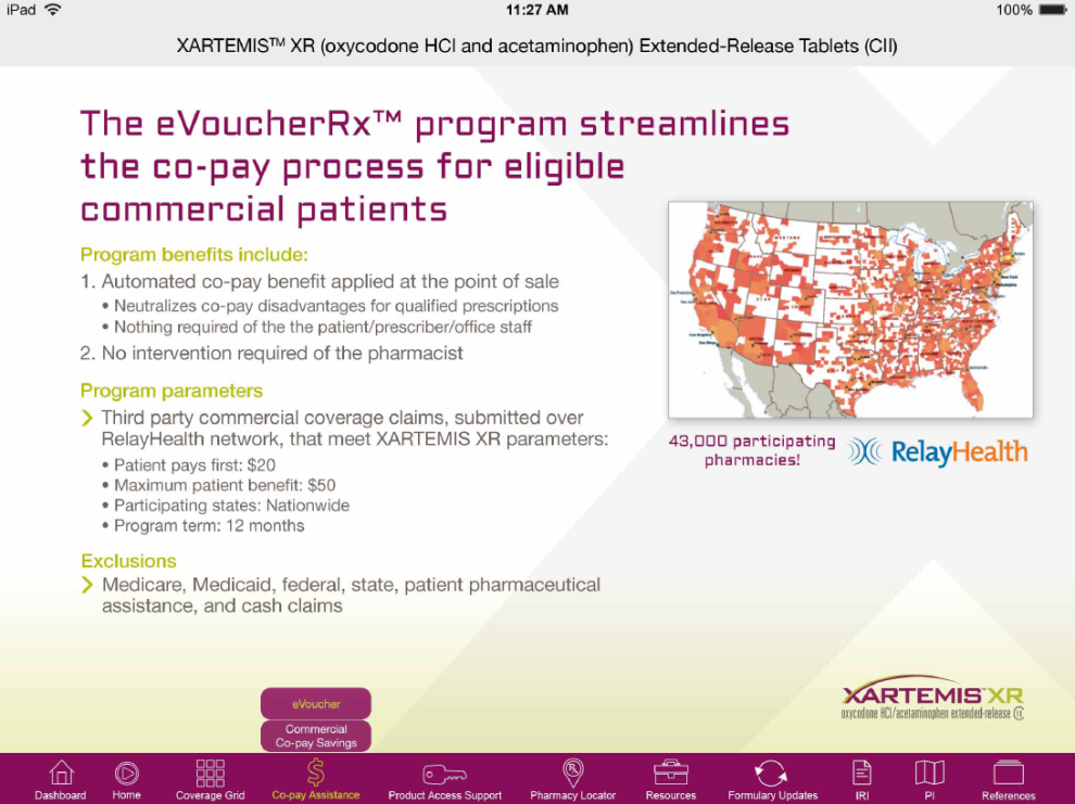 A screenshot of a webpage from the XARTEMIS XR website. The title of the page is "The eVoucher Rx program streamlines the co-pay process for eligible commercial patients." The webpage has a white background with purple green and black text. There is a map of the United States on the right side. The map is color-coded to show the  43000 participating pharmacies. <br /><br />On the left side of the page there is a header reading "Program benefits include:" followed by a number of bullet points: <br /><br />1. Automated co-payment benefit applied at the point of sale<br />2. No intervention required of the pharmacist.<br /><br />A second header is "Program Parameters" which had text reading: <br />3. Third party commercial coverage claims submitted over RelayHealth network that meet XARTEMIS XR parameters. <br /><br />A third header is "Exclusions" which lists Medicare Medicaid federal state patient pharmaceutical assistance and cash claims.<br /><br />At the bottom of the webpage there is a navigation bar where it appears Co-pay Assistance and eVoucher are selected. The XARTEMIS XR and Relay Health logos are also visible.