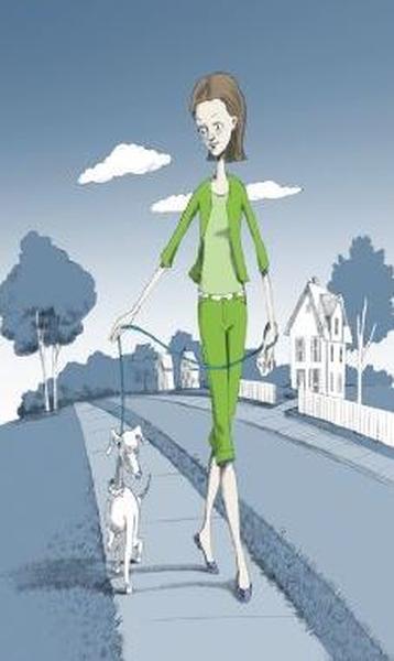 An illustration of a young woman walking her dog on a sidewalk. The woman is wearing a green blazer green pants and black heels. She has shoulder-length brown hair and is holding a leash attached to the dog's collar. The dog is white and appears to be a medium-sized breed. The sidewalk is lined with trees and there are houses in the background. The sky is blue with white clouds. The overall mood of the image is peaceful and serene.