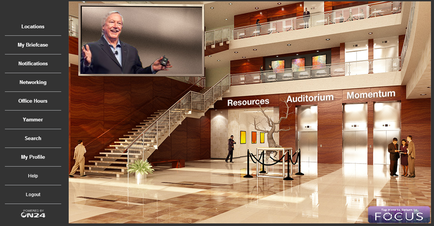 A screenshot of a website called "Focus". It shows the interior of a modern building with a high ceiling and large windows. The floor is made of marble tiles and there is a staircase leading up to the second floor. On the left side of the image there is an image of a man in a suit and tie who appears to be giving a presentation. He is smiling and holding a microphone in his hand. On the right side there are several people standing in front of the entrance of the building which has a sign that reads "Resources Auditorium Momentum". There are also several screens on the walls displaying information about the building's services. At the top of the screen there has a menu bar with options such as "My Briefcase" "Notifications" "Networking" "Office Hours" "Yammer" "Search" "My Profile" "Help" and "lookout". There is also a search bar at the bottom of the page.
