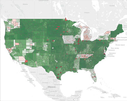 This is an incomplete choropleth map of the continental United States showing the percentage of Lives at Target Access for Vantrela ER (hydrocodone bitartrate) an opioid sold by Teva Pharmaceuticals. Individual counties within each state are colored in various shades of red and green. Darkest green indicates that a given county is at 100% of target access (meaning that 100% of chronic pain patients therefore potential customers of this Teva drug have access to Vantrela); darkest red indicates that a given county is at 0% of target access (meaning that 100% of chronic pain patients therefore potential customers of this Teva drug do not have access to Vantrela). 
