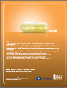 The final page of an (incomplete) advertisement for TussiCaps with the tagline "Cap the cough". It consists primarily of 7 references which are too small and blurry to read. An illustration of a yellow TussiCaps pill with the address for the TussiCaps website is at the top of the image. The background is orange with graphic elements and text in white. The logo for Covidien and the logo for TussiCaps are both in the bottom right corner.