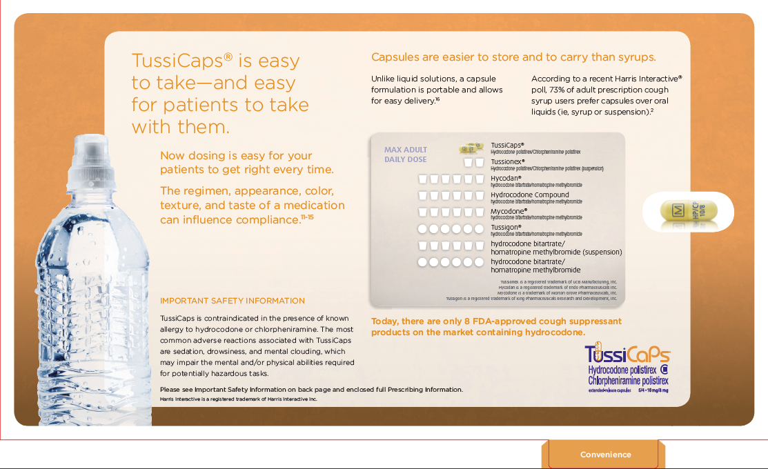An advertisement for TussiCaps. The advertisement has a white background with orange text and an orange border. It is split into two sections. The main header is on the left section which reads "TussiCaps is easy to take and easy for patients to take with them." There is an image of a water bottle next to the text. Below the header there is information about the product as well as important safety information.  <br /><br />The section on the right has the header "Capsules are easier to store and carry than syrups" and includes additional information about the product. Below the text there is a table showing the maximum adult daily dose of various cough suppressant products. Below the table there is the text: "Today there are only 8 FDA-approved cough suppressant products on the market containing hydrocodone." A yellow capsule is next to the table.<br /><br />The TussiCaps logo is at the bottom right corner of the page.