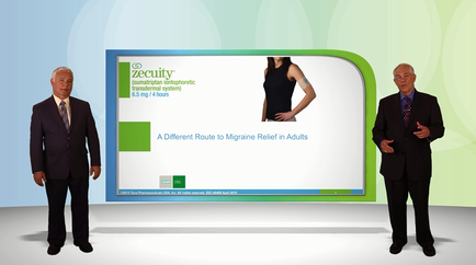 Two men standing in front of a large screen with a presentation slide. The slide has a green background and white text that reads "A Different Route to Migraine Relief in Adults". On the left side of the slide there is an image of a woman wearing a black tank top and holding a clipboard. On the right side there are two men wearing suits and ties one of whom is speaking into a microphone. The man on the left is older and appears to be giving a presentation.