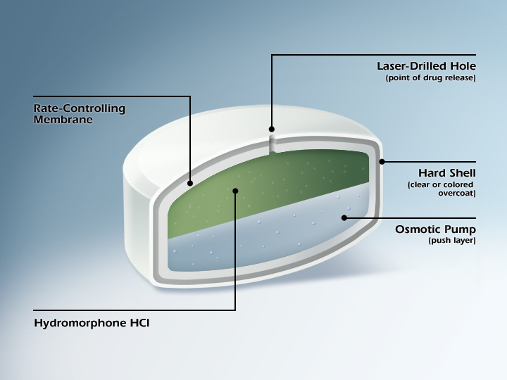 A cross-section of a tablet containing Hydromorphone HCl showing its various features and functions. The tablet has a white outer layer with a grey ring through it. The inside of the tablet is split into two layers green on top and blue on the bottom. A hole is visible going through the grey and white outer layers to the green layer. Various parts of the tablet are labeled. From outside in: The grey ring is labeled as "Hard shell (clear or colored overcoat). The white outer layer is labeled as "Rate-Controlling membrane". The hole is labeled as "Laser-Drilled Hole (point of drug release)". The green layer is labeled "Hydromorphone HCI (drug layer)". The blue layer is labeled as "Osmotic pump (push layer)". The background is a blue gradient with text and arrows in black.