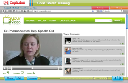 A screenshot of the cephalic Social Media Training website. The website has a green and white color scheme with the logo of the company on the top left corner. On the right side of the page there is a search bar and a menu bar with options such as "Browse" "Upload" "Sign In" "Create Account" and "Viewer Comments". Below the search bar there are three images of a woman with blonde hair and a black blazer. The woman appears to be speaking out with her eyes closed and a serious expression on her face. The text on the page reads "Ex-Pharmaceutical Rep. Speaks Out".