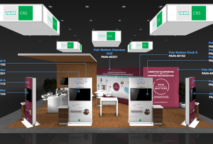 A 3D rendering of a trade show booth design for a company called tea CNS. The booth is divided into three sections each with a different color scheme and design. The first section on the left side of the booth has a white background with the company's logo and the words "tea CNS" written in green. Below the logo there is a description of the company and its services. The second section has a pink background with white text that reads "Pain Matters Overview" and "PAIN-4021". The third section has an image of a desk with a computer monitor and a chair in front of it. There are also several other booths with different designs and colors including white pink and purple. The booths are arranged in a semi-circular layout with a large screen on the right side and a smaller screen in the center. The overall design is modern and professional with clean lines and a clean layout.