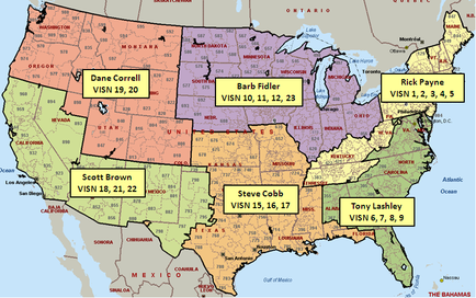 This is a map of the continental United States divided into 6 regions that usually (but not always) follow state lines. For example most of the Southeastern United States (Alabama Florida Georgia North Carolina South Carolina and Virginia) is attributed to Tony Lashley (a regional manager?) comprising VISN 6 7 8 and 9 (the boundaries of which are not shown). Other regions include the East Coast (Rick Payne) the Midwestern states (Barb Fidler) the West South Central states (Steve Cobb) the Southwestern states (Scott Brown) and the Pacific Northwest & Great Plains (Dane Correll).