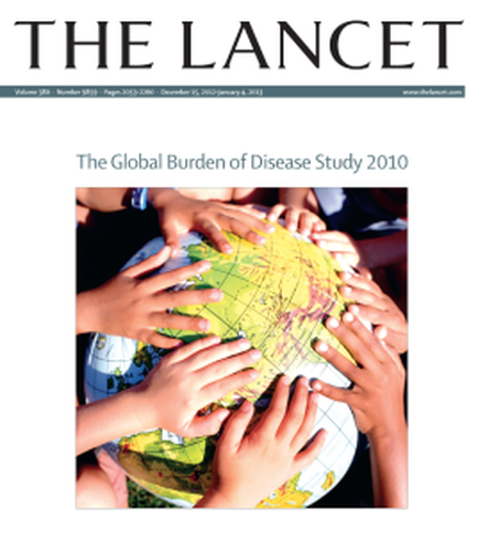 A group of children hands holding a globe. The hands are of different sizes and colors and they are arranged in a way that they are overlapping each other. The globe appears to be a representation of the global burden of disease study in 2010. The background is white and the title of the image is written in black text at the top.