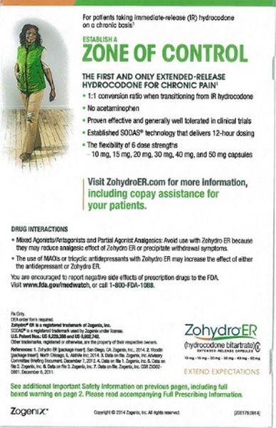 An advertisement for ZohydroER a medication used to treat chronic pain. The advertisement features a picture of a woman wearing a green vest and walking on a wooden floor. The text on the advertisement reads "Establish a Zone of Control: The first and only extended-release hydrochloride for chronic pain". Below the text there is a list of drug interactions and information about the medication. At the bottom of the advertisement there are additional safety information on previous pages including full-prescription information. The company's logo is also visible at the bottom.