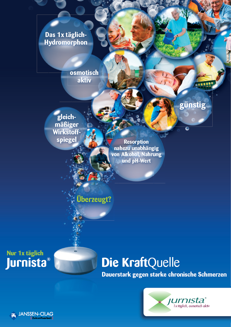 An advertisement for Jurnista a German pharmaceutical company. The background is blue and the text is in white. The text reads "Die KraftQuelle".<br /><br />There are several circular images scattered throughout the image each representing a different aspect of the company's products. The images include people of different ages genders and ethnicities. Some of the images are smiling while others are looking at the camera.<br /><br />The image also includes text that reads "Das 1x täglich-Hydromorphon" which is German for "hydromorphone" and "Osmotisch aktiv". There is also a small illustration of a water droplet falling from the top left corner of the image. The overall design of the advertisement is modern and eye-catching with a focus on the products and their benefits.