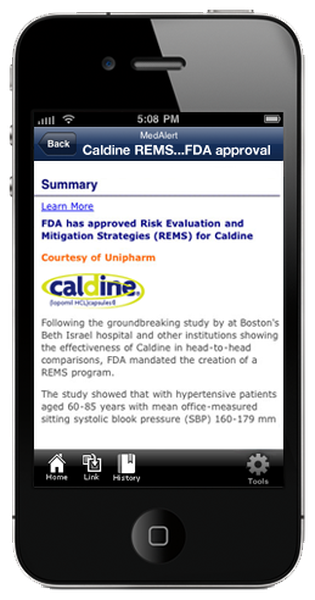 A screenshot of a mobile phone screen displaying a summary of the Caldwell REMS (FDA Approval) program. The summary is titled "Learn More FDA has approved Risk Evaluation and Mitigation Strategies (REMS) for Caldwell" and is accompanied by a link to the website "calcine.com". The background of the screen is black and the text is white. At the top of the screenshot there is a date and time bar indicating that the app is running at 5:08 PM. Below the summary there are several icons including a home button a history button and a tool icon.