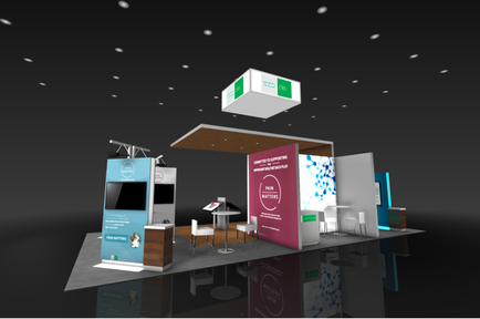 A 3D rendering of a trade show booth with a modern design. The booth is set up in a dark room with a high ceiling and white walls. There are three booths on the left side of the booth each with a different color scheme - blue pink and white. On the right side there is a large screen displaying information about the booth's features. In the center there are two tables and two chairs and a small table with a laptop on it. Above the booth is a white cube with a green logo on it which appears to be floating in the air. The overall color scheme of the booths is blue white and pink.