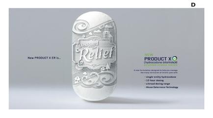A 3D rendering of an oval-shaped object with a white background. The object appears to be made of a smooth glossy material and has a textured surface. The text on the object reads "Designed Relief" in a bold cursive font. Below the text there is a smaller text that reads "New PRODUCT X ER is..." in a smaller font. On the right side of the image there are two smaller text boxes that read "NEW PRODUCT X" and "Product X" respectively. The first box on the left side has a description of the product which states that it is a single-end-end hydrochloride a broad-dosing range and an abuse detection technology. The second box has a list of the products mentioned in the text. The overall design of the object is modern and minimalist with a focus on the design.
