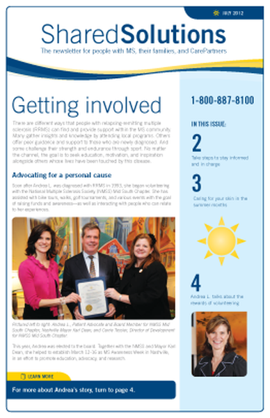 The cover of a newsletter titled "Shared Solutions". The cover has a blue background with white text. The title of the newsletter is "Getting involved" in bold letters at the top. Below the title there is a subtitle that reads "The newsletter for people with MS their families and Caregivers". On the left side of the cover there are three images. The first image is of a man in a suit and tie holding a certificate the second is of two women in business attire and the third is of an older woman in a black blazer. The fourth image is a photo of a woman with long brown hair and a smile on her face. The cover also has a yellow sun on the right side indicating that the newsletter has been published in this issue. The text on the cover reads "1-800-887-8100" and "Advocating for a personal cause".