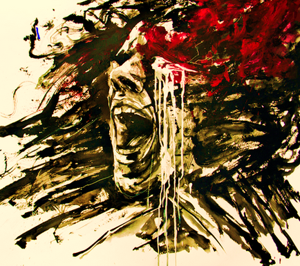 An abstract painting with a black and white background. It features a close-up of a person's face with their mouth open and their eyes closed as if they are screaming or shouting. The face is covered in red and black paint splatters with some areas of the paint dripping down the sides of the face. The paint is splattered in various shades of red black and white creating a chaotic and chaotic effect. The overall mood of the image is one of chaos and destruction.