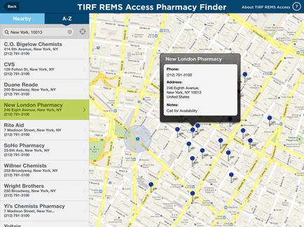 This is a screen cap from the TIRF REMS Access Pharmacy Finder showing the results from a Nearby search for New York 10013. The New London Pharmacy located at 246 Eighth Avenue is highlighted. 8 other pharmacies are visible in the results set table and about 20 pharmacies are pinned on the results set map.