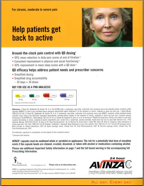 An advertisement for Avinza. The advertisement has a yellow and white background with a photo of a woman's face on the top right corner. On the left side of the image there is text that reads "For chronic moderate to severe pain help patients get back to active." Below the photo there is text with product information as well as images of the medication capsules at different dosages. The bottom of the page shows the logos for King Pharmaceuticals and Avinza and the text "All day every day."