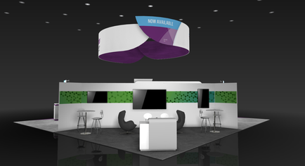A 3D rendering of a modern exhibition stand. The stand is white with a green and purple geometric pattern on the walls. Above the stand there is a large circular banner with the words "NOW AVAILABLE" written in blue. The banner is hanging from the ceiling with a purple and white design. In front of the booth there are two black chairs and a white reception desk. There are also two small tables and chairs on either side of the desk. The floor is made of black tiles and the background is black. The overall design of the stand is sleek and contemporary.