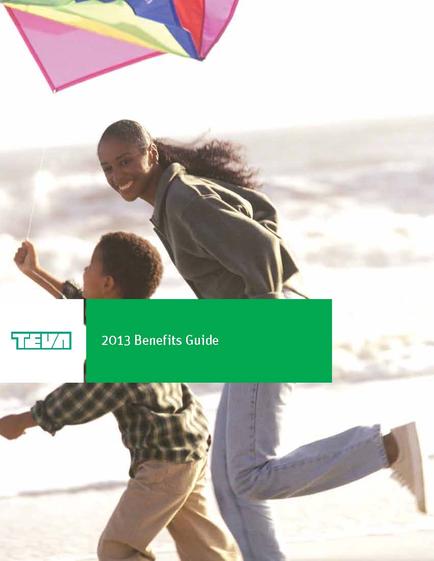 A mother and son flying a colorful kite on a beach. The mother is holding the kite with both hands and the son is running ahead of her. They are both smiling and appear to be enjoying the moment. The background shows the ocean and the sky. The image is accompanied by a green banner that reads "2013 Benefits Guide".