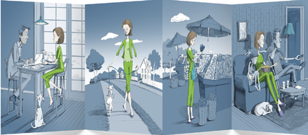 A collage of three illustrations of a living room scene. The first illustration on the left shows a man and a woman sitting at a table in a room with a view of the city. The man is sitting on a chair and the woman is standing in front of him. They are both looking at a laptop and appear to be engaged in a conversation. The second illustration in the middle shows a woman walking on a sidewalk with a dog on a leash. She is wearing a green dress and has a smile on her face. The woman is walking towards the man and the dog is walking beside her. The background shows a cityscape with buildings and trees. The sky is blue with white clouds and there is a large window on the right side of the image. The room is decorated with a blue curtain and a lamp hanging from the ceiling. The overall style of the illustration is cartoon-like and playful.