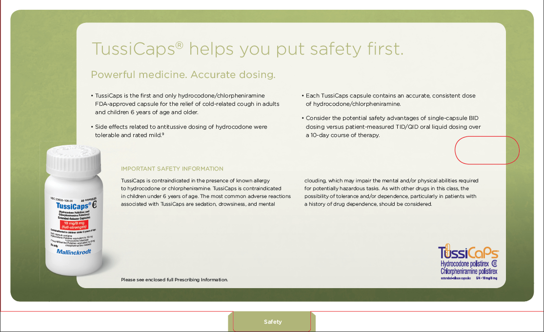 An advertisement for TussiCaps. The background is white with a light green border and the text is written in black and green. The title of the page is: "TussiCaps helps you put safety first: Powerful medicine. Accurate dosing." The advertisement features a white bottle of the product on the left side of the image. On the right side there is a text that explains the benefits of using the product. The text explains that the product is a powerful medicine that helps to reduce the risk of inaccurate dosing.<br /><br />At the bottom right corner of the advertisement there is important safety information and the logo for TussiCaps.