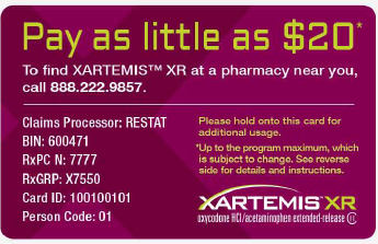 A card for XARTEMIS® XR. The card has a purple background with green text that reads "Pay as little as $20" and white text that reads "To find XARTEMIS XR at a pharmacy near you call 888.222.9857." Below the text there information reading "Claims Processor: RESTAT BIN: 600417 RxPC N: 7777 RxGRP: X7550 Card ID: 1001000101 Person code: 01" and "Please hold onto this card for additional usage. Up to the program maximum which is subject to change. See reverse side for details and instructions." The XARTEMIS XR logo is also visible.