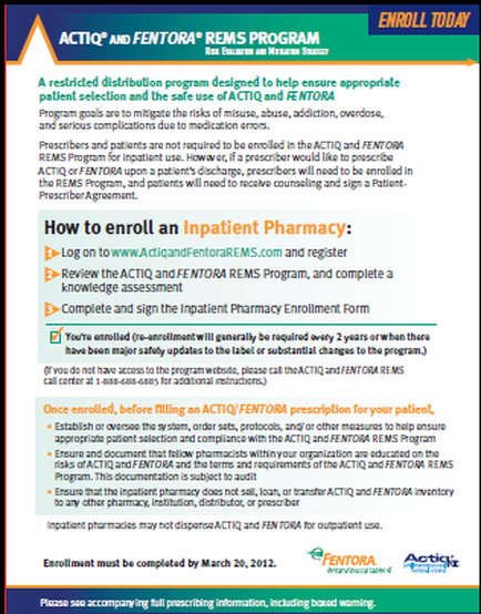 An advertisement for the actin and mentor REMS Program. It has a blue background with white text. The title of the program is written in bold letters at the top of the page. Below the title there is a section titled "How to enroll an Inpatient Pharmacy" in smaller text. The section explains that the program provides a restricted distribution program designed to help ensure appropriate patient selection and the safety of the patient. It also provides information on how to register and complete the program as well as a complete and sign the Inpatient pharmacy enrollment form. At the bottom of the image there are two bullet points that explain the program's purpose and how to enroll. The first bullet point explains that one should enroll before filling out the program and the second bullet point provides instructions on how long it will take to complete it. The third bullet point mentions that the enrollment form will be completed on March 20 2012.