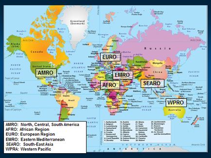 This is a world map showing the location of 6 different regions. AMRO for example is the "North Central South Americas" and consists of North America Central America and South America. The other regions are : African Region (AFRO) European Region (EURO) Eastern Mediterranean (EMRO) South-East Asia (SEARO) and Western Pacific (WPRA).