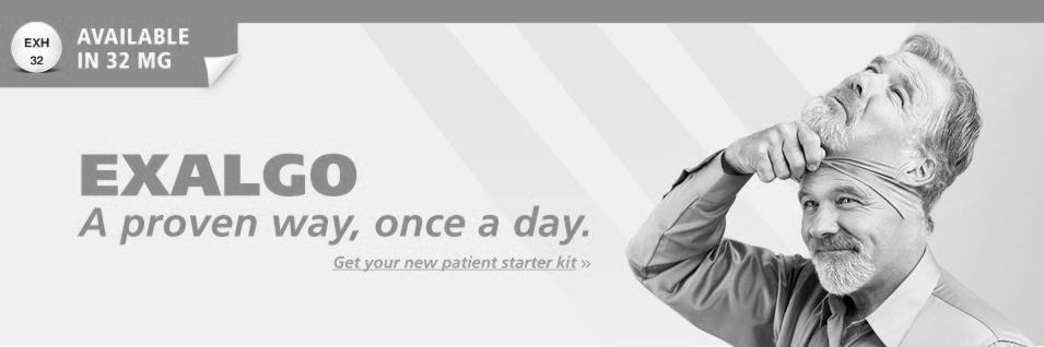 A black and white digital advertisement for Exalgo. The background is white and the text is in grey. On the right side of the image there is a photo of a smiling man with a beard and mustache. He is pulling off a mask of his own face which appears to be in pain. The text on the image reads "Available in 32 mg" and "Exalgo - A proven way once a day. Get your new patient starter kit."