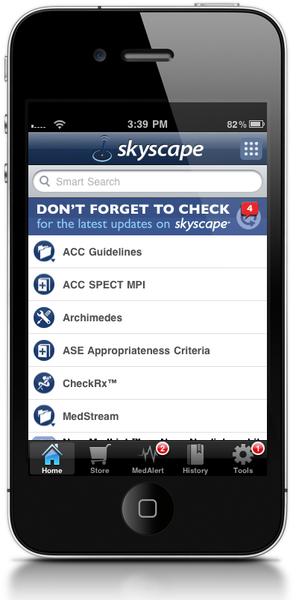 A screenshot of the Skyscape app on an iPhone. The app is open and the screen is turned on. The top of the screen has the time "3:39 PM" and the ape's logo. Below the logo there is a search bar with the text "Smart Search" and "Don't forget to check for the latest updates on skyscape". Below the search bar there are several icons representing different features of the app including ACC Guidelines ACC SPEC MPI Archimedes ASE Appropriateness Criteria check™ midstream Home Store medalist History Tools and more. The icons are arranged in a grid-like pattern with each icon representing a different feature. The background of the image is black and the overall design is simple and modern.