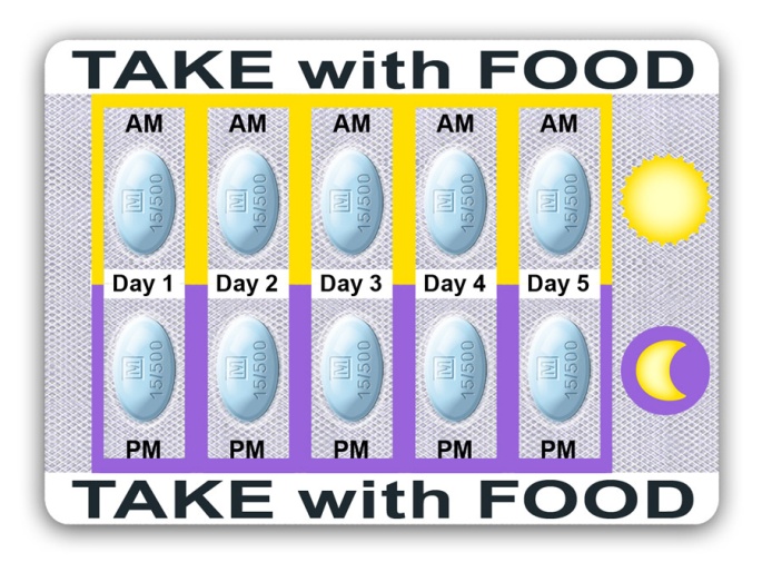 A rectangular sticker with the words "TAKE WITH FOOD" written in bold black letters at the top. Below the text there is a yellow sun and a purple crescent moon on the right side. On the left side of the sticker there are six blue pills arranged in a grid-like pattern. Each pill has a white label with the date "AM" written on it. The pills are arranged in two rows and three columns. The background is white. The sticker appears to be a reminder to take with food during the day.
