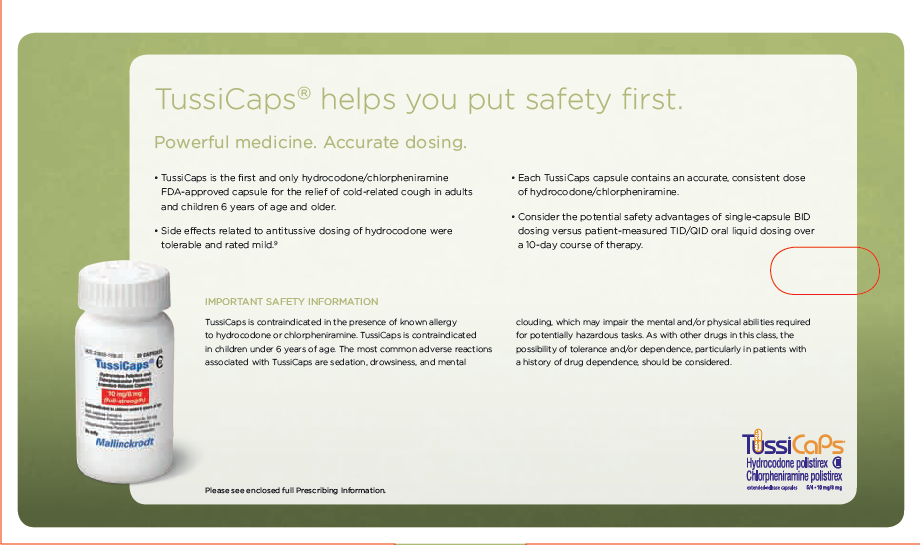 An advertisement for TussiCaps. The background is white with a light green border and the text is written in black and green. The title of the page is: "TussiCaps helps you put safety first: Powerful medicine. Accurate dosing." The advertisement features a white bottle of the product on the left side of the image. On the right side there is a text that explains the benefits of using the product. The text explains that the product is a powerful medicine that helps to reduce the risk of inaccurate dosing.<br /><br />At the bottom right corner of the advertisement there is important safety information and the logo for TussiCaps.