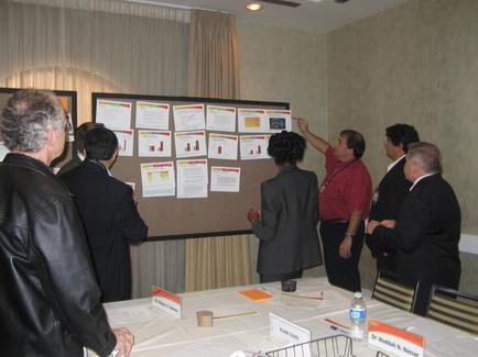 A group of people gathered around a table in a conference room. The table is covered with a white tablecloth and there are nameplates and water bottles on it. On the wall behind the table there is a large bulletin board with multiple papers pinned to it. The papers appear to be related to a presentation or presentation. There are six people in the image three men and three women all dressed in formal business attire. One of the men is pointing to one of the papers on the board while the others are looking at it attentively. The room has beige walls and a window with curtains in the background.
