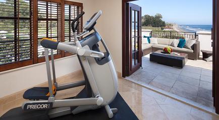 A modern and luxurious living room with a view of the ocean. The room has a large window with wooden blinds allowing natural light to enter the space. On the left side of the room there is a pretor elliptical machine with a digital display and a handlebar. The floor is made of light-colored tiles and the walls are painted in a neutral color. In the background there are two sofas with colorful throw pillows a coffee table with a vase of flowers and a balcony with a railing overlooking the ocean and trees. The sky is blue and the weather appears to be sunny and warm.