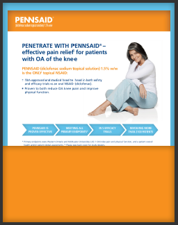 An advertisement for Pennsaid. The advertisement features a photo of a woman sitting on the floor with her legs crossed and a smile on her face. She is wearing a white shirt and blue jeans. The background is white and the text is in orange and blue. The text on the advertisement reads "Penetrate with Pennsaid - effective pain relievers for patients  with OA of the knee". Below the text there is a brief description of the product and its benefits. <br /><br />At the bottom of the advertisement there are three bullet points that explain the benefits of using the product. The first bullet point explains that the product is designed to help relieve pain and discomfort while the second bullet point provides information about the product's benefits. 